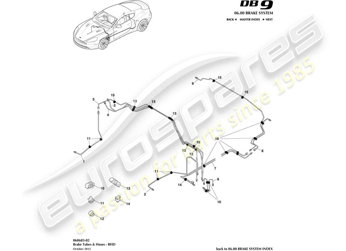 aston martin db9 (2015) líneas y mangueras de freno, diagrama de piezas rhd