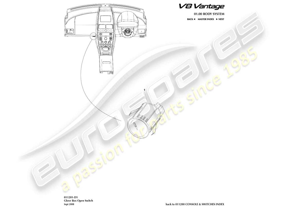 aston martin v8 vantage (2013) diagrama de piezas del interruptor de la guantera