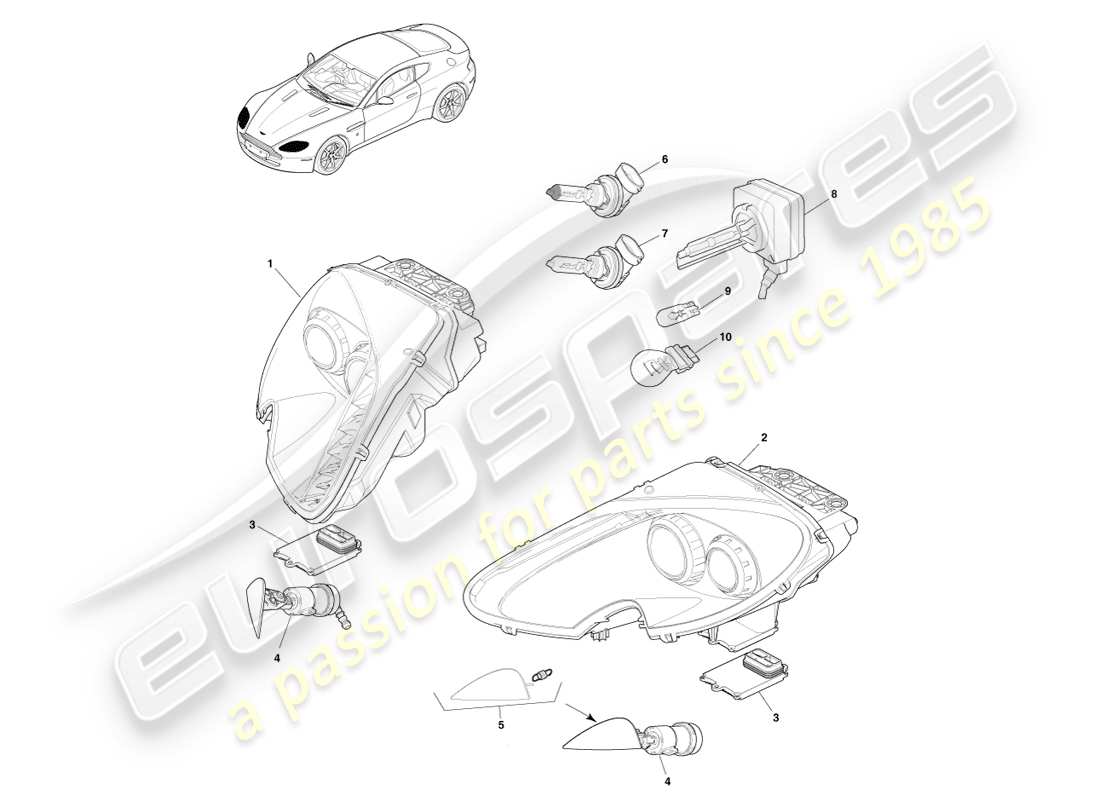 aston martin v8 vantage (2007) diagrama de piezas de faros