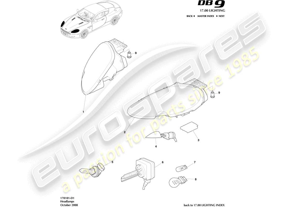 aston martin db9 (2005) diagrama de piezas de faros