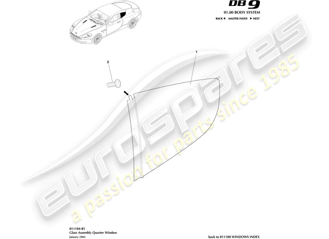 aston martin db9 (2005) vidrio del cuarto trasero, diagrama de piezas del cupé