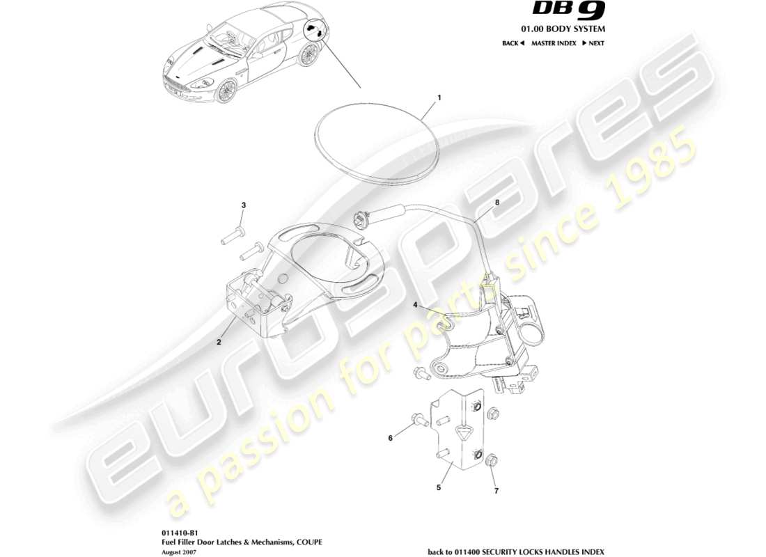 aston martin db9 (2005) mecanismo de llenado de combustible, diagrama de piezas del cupé