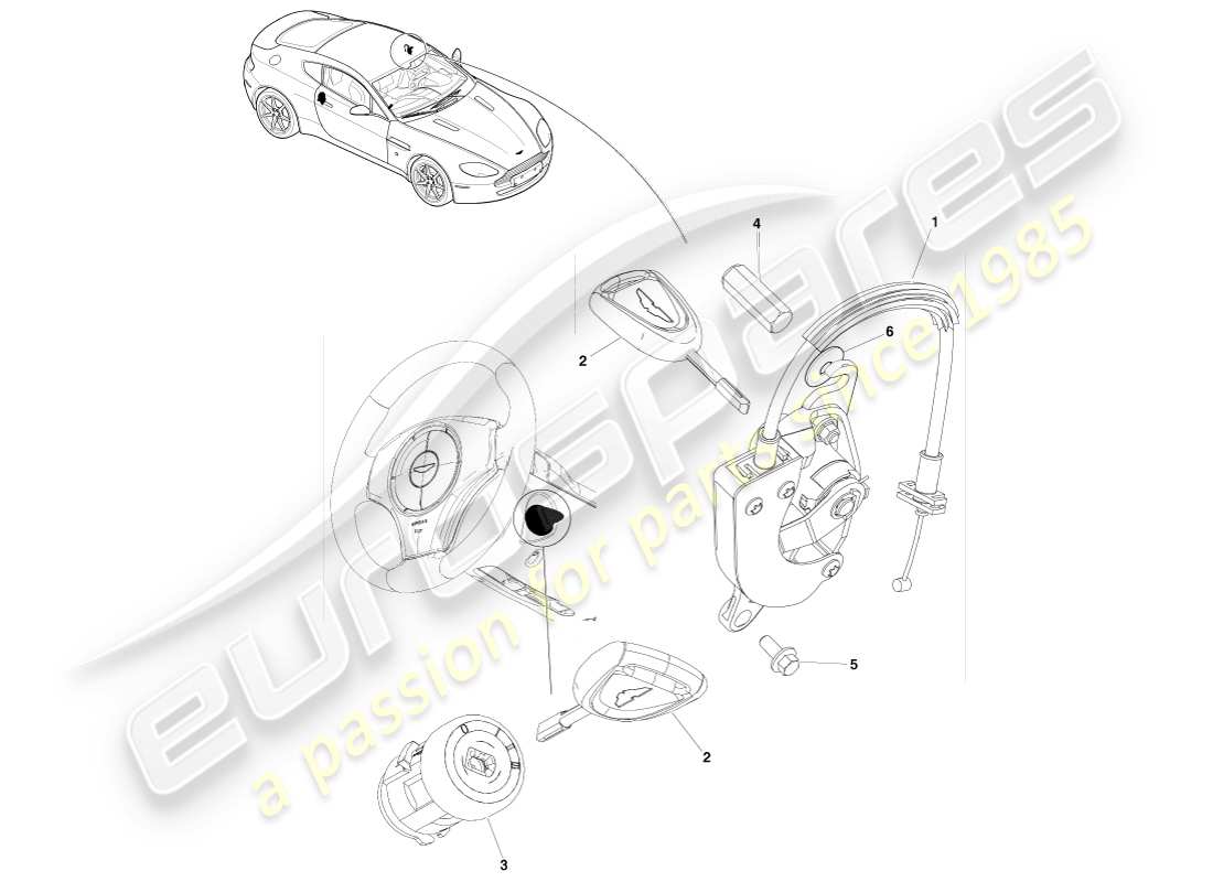 aston martin v8 vantage (2007) juego de cerradura y llaves, diagrama de piezas lhd