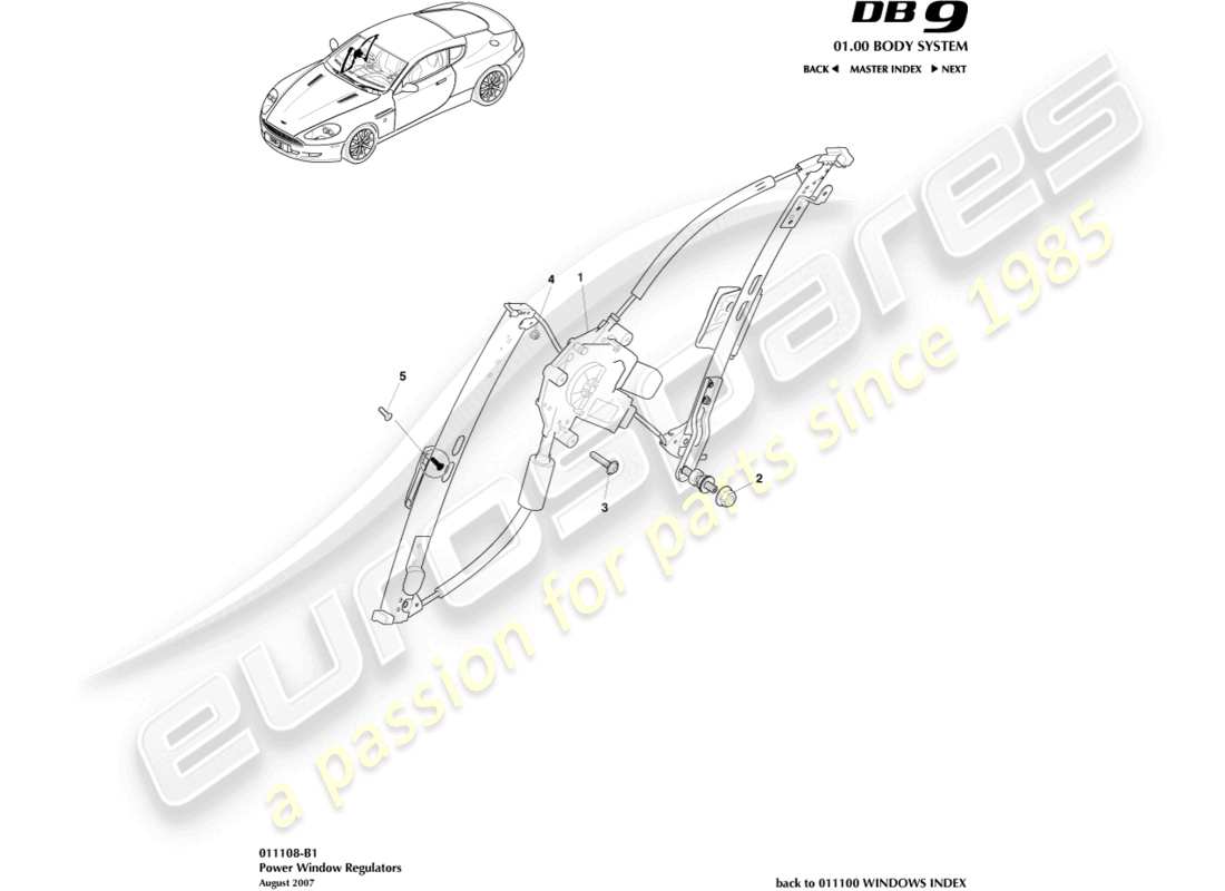 aston martin db9 (2005) diagrama de piezas de los reguladores de ventanas de puertas