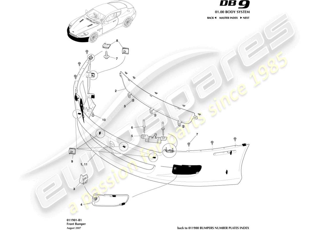 aston martin db9 (2005) diagrama de piezas del parachoques delantero