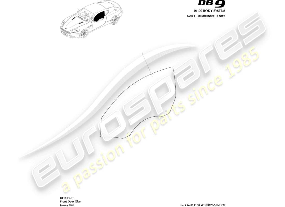aston martin db9 (2008) diagrama de piezas de vidrio de puerta