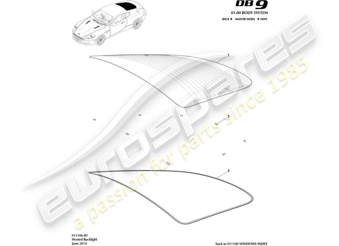 aston martin db9 (2005) diagrama de piezas del parabrisas trasero