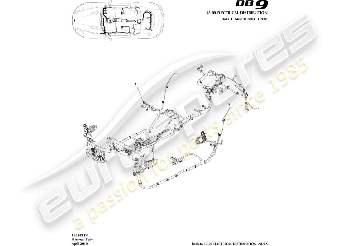 un diagrama de piezas del catálogo de piezas Aston Martin DB9 (2011)