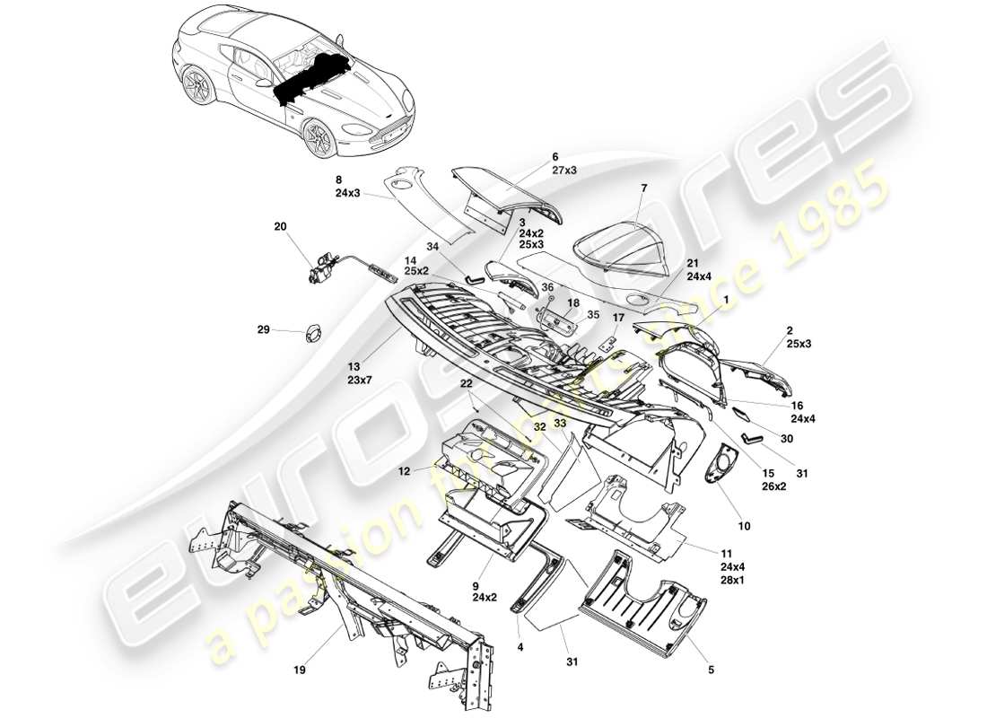 aston martin v8 vantage (2005) panel de instrumentos, diagrama de piezas lhd