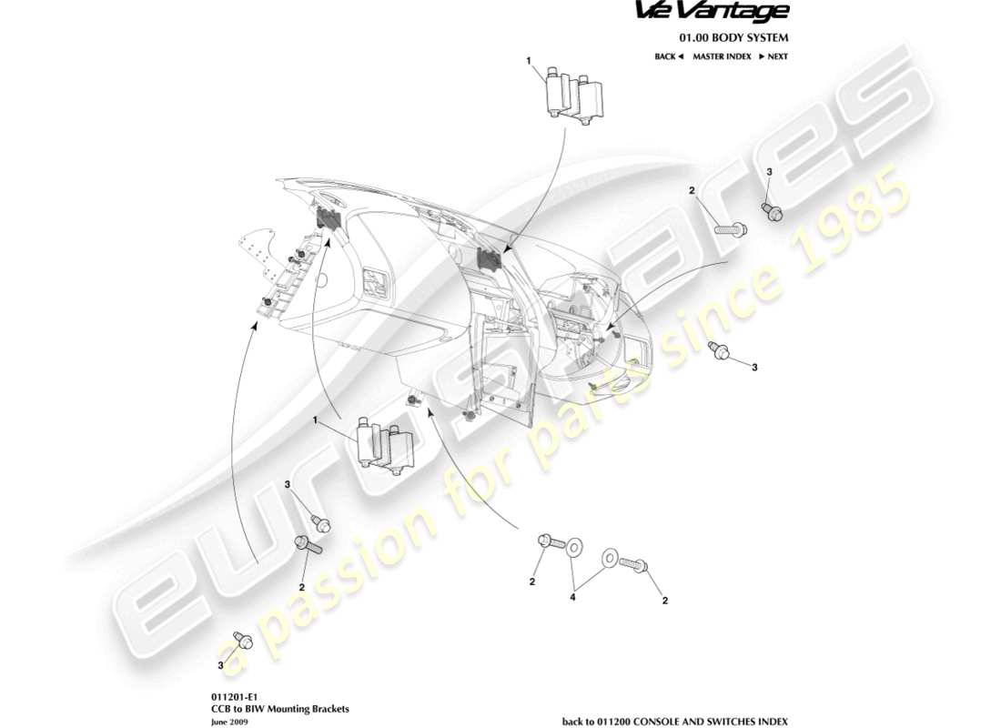 aston martin v12 vantage (2010) diagrama de piezas de soportes ccb a biw