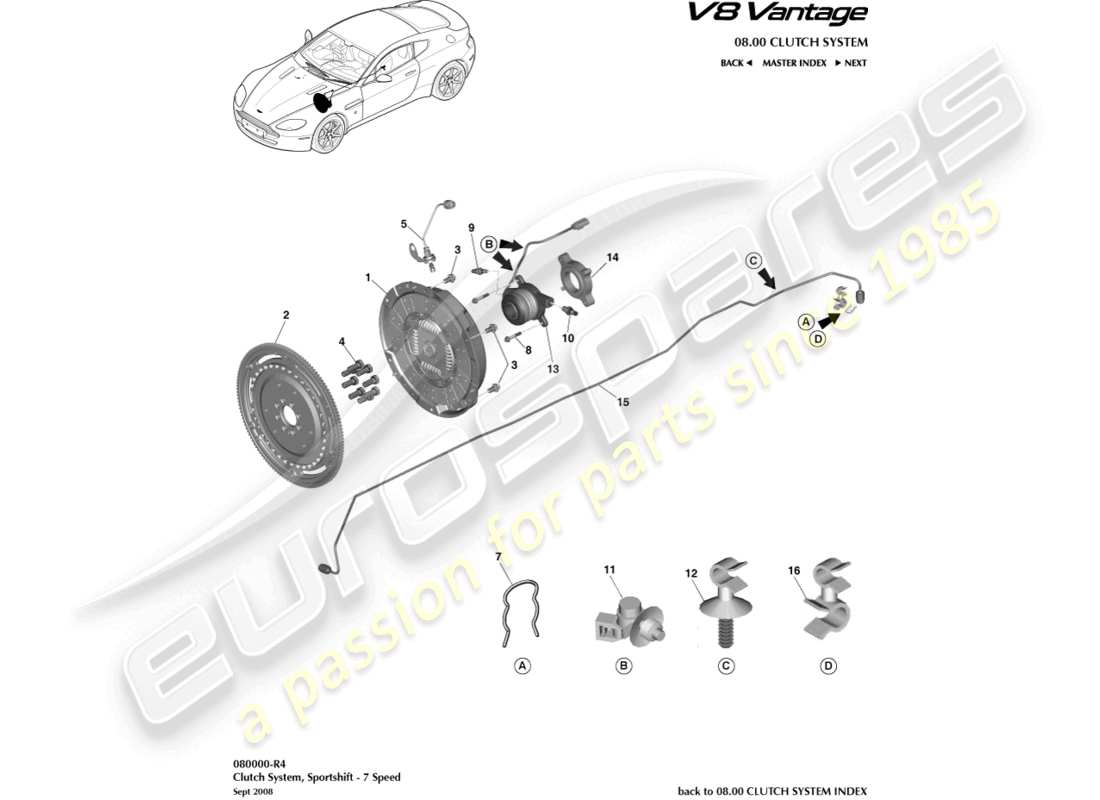 aston martin v8 vantage (2018) diagrama de piezas del sistema de embrague, cambio deportivo 7 velocidad