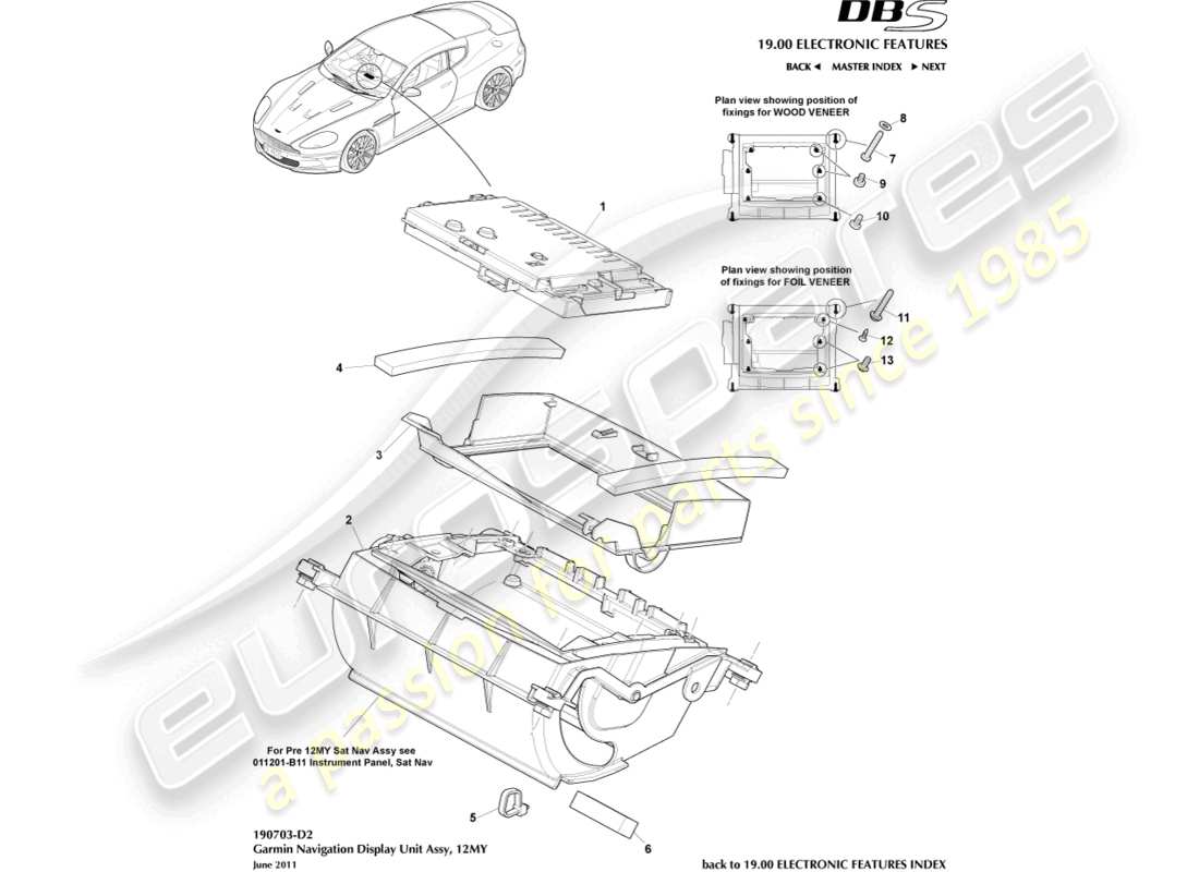 aston martin dbs (2012) pantalla de navegación, 12my diagrama de piezas
