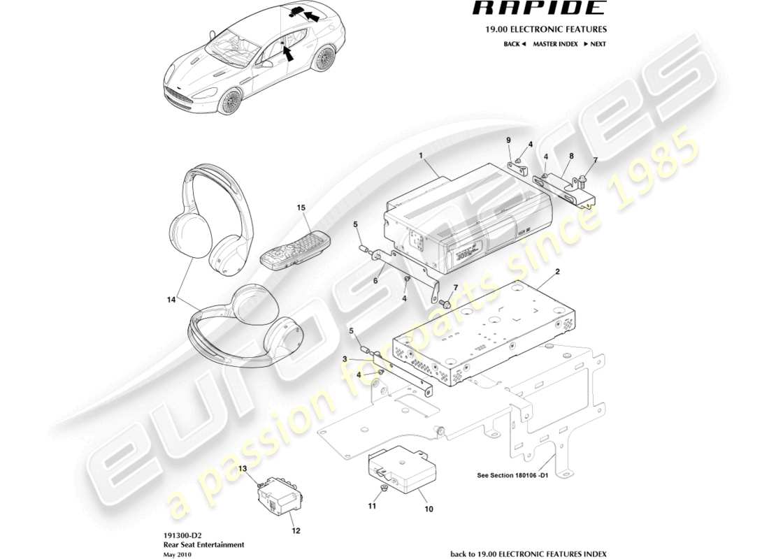 aston martin rapide (2013) diagrama de piezas de entretenimiento del asiento trasero