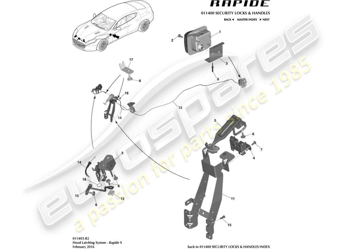 aston martin rapide (2011) sistema de cierre del capó, s diagrama de piezas