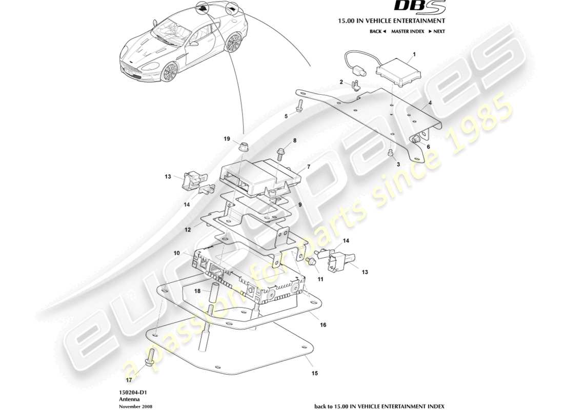 aston martin dbs (2014) diagrama de piezas de la antena sdars