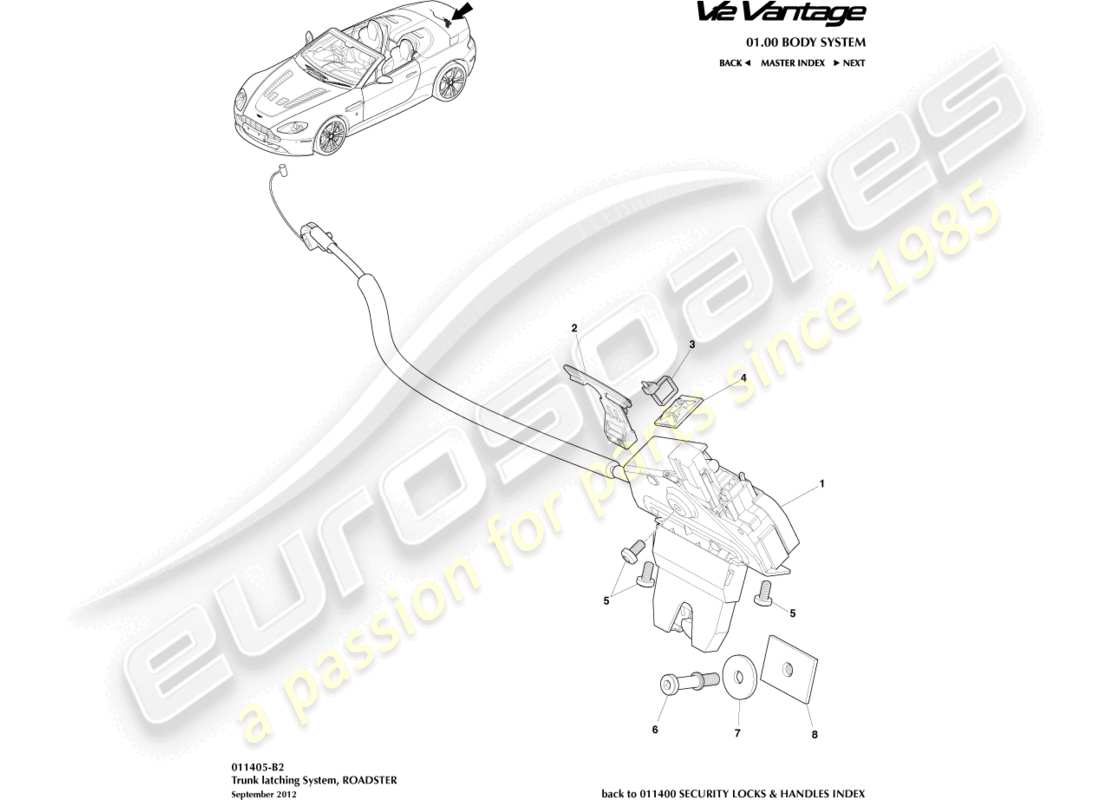 aston martin v12 vantage (2010) sistema de cierre del maletero, diagrama de piezas del roadster