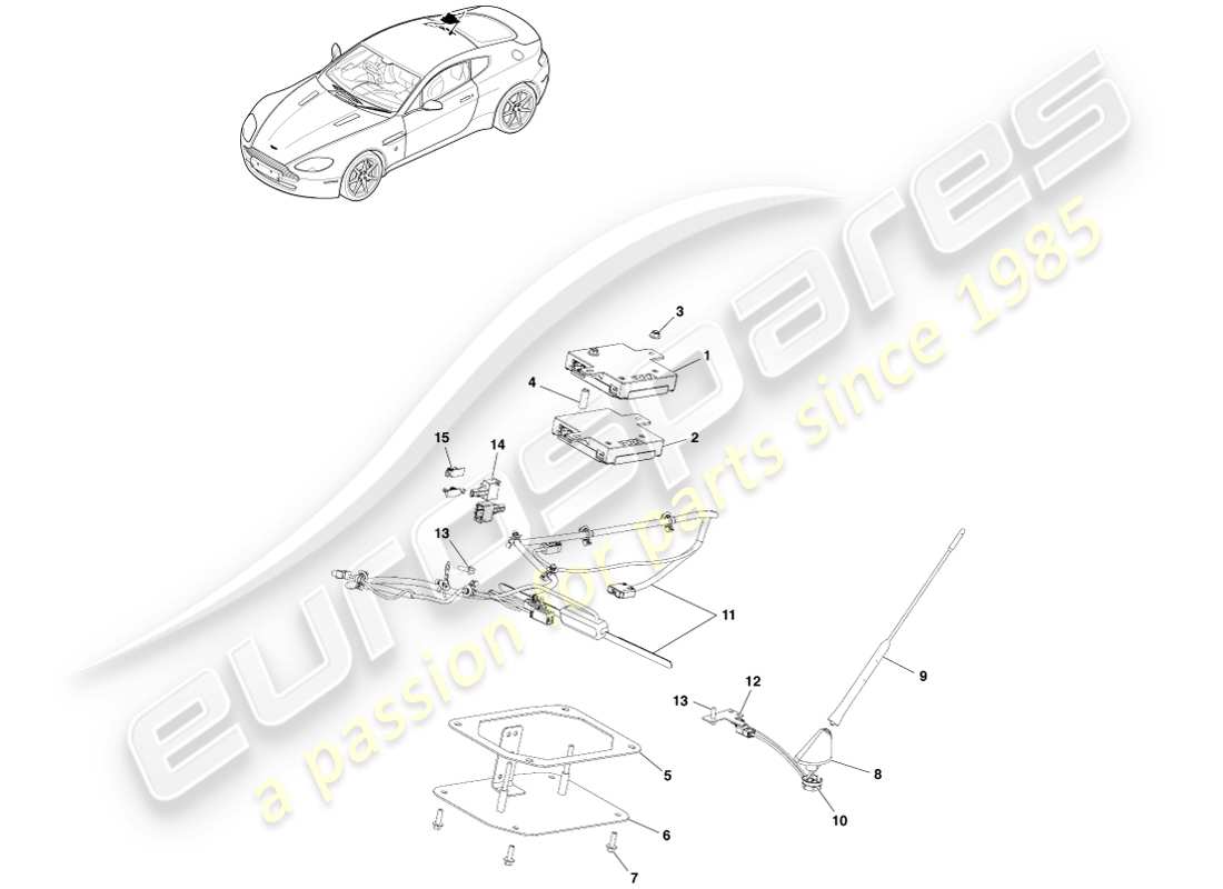aston martin v8 vantage (2005) diagrama de piezas de antena electrónica