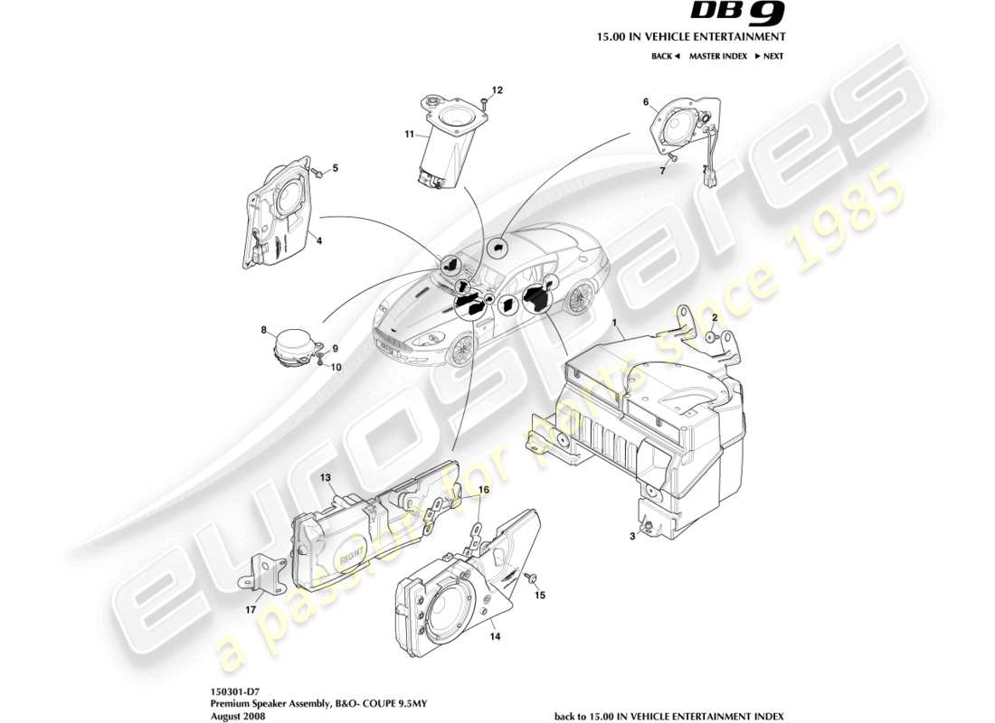 aston martin db9 (2010) diagrama de piezas del altavoz, premium y cupé