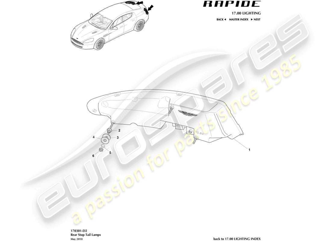 aston martin rapide (2014) diagrama de piezas de las luces traseras