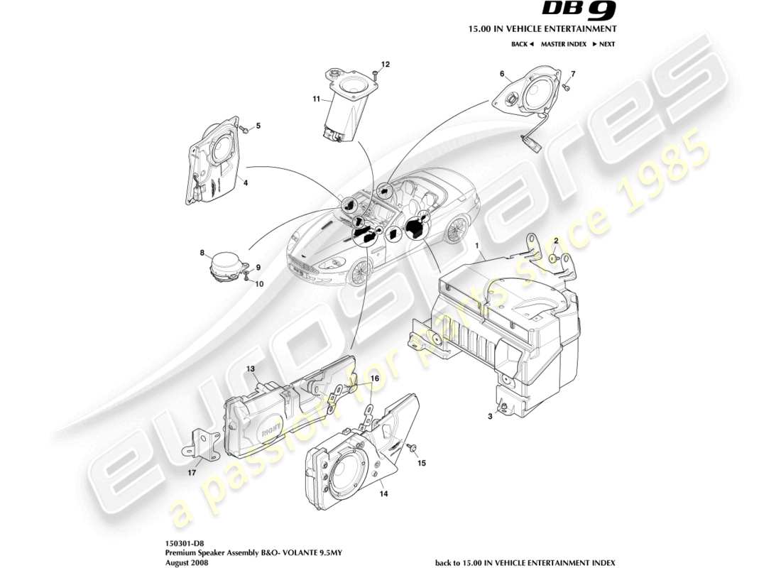 aston martin db9 (2008) altavoz, premium, diagrama de piezas de volante