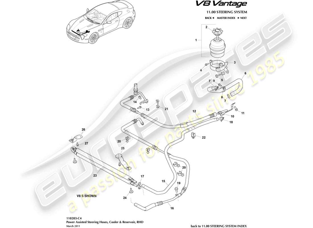 aston martin v8 vantage (2018) diagrama de piezas del enfriador, mangueras y depósito, lado derecho