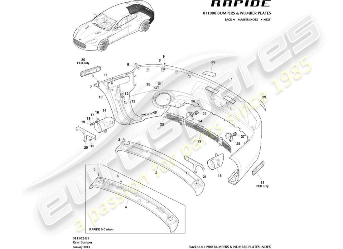 aston martin rapide (2016) parachoques trasero diagrama de piezas