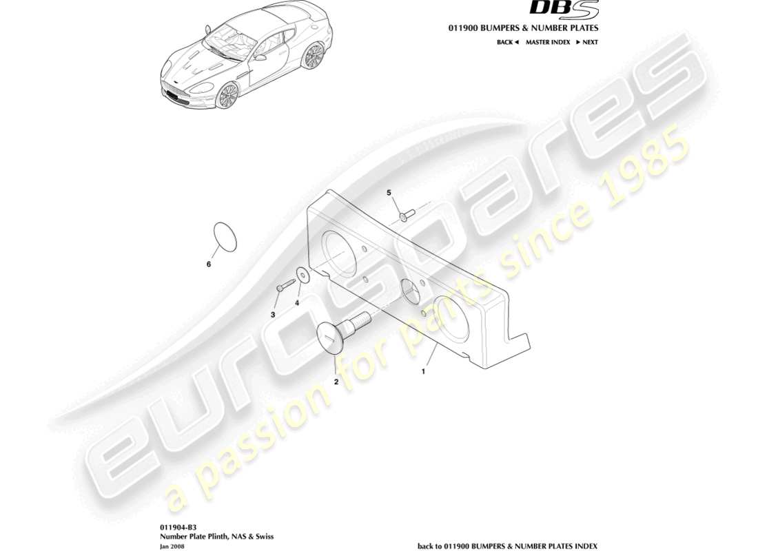 aston martin dbs (2013) soportes de matrícula, diagrama de piezas de nas