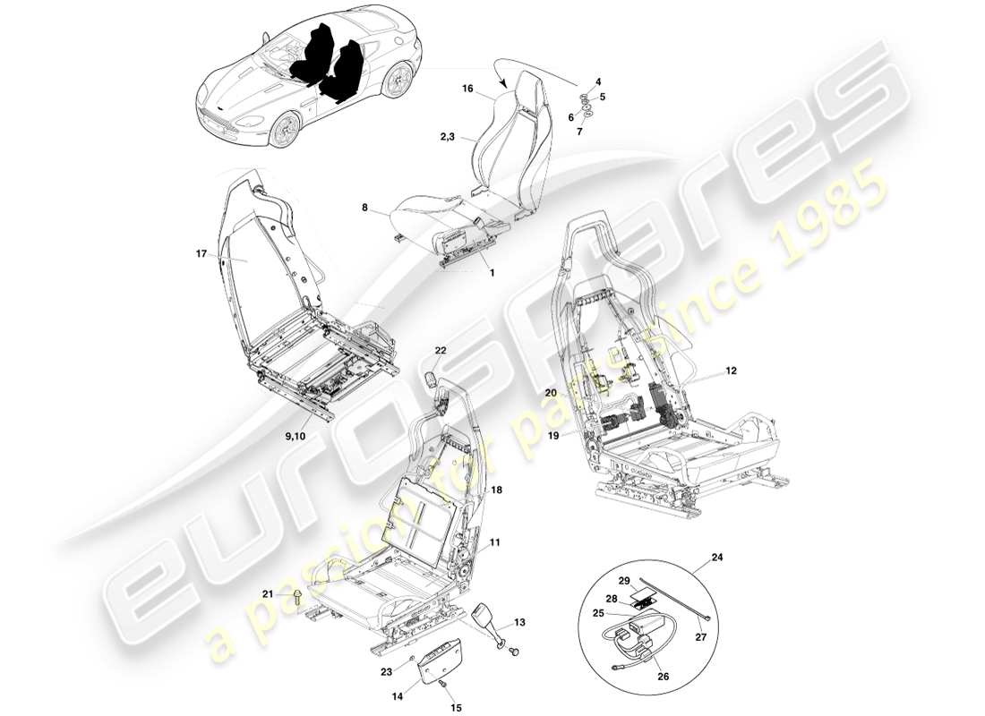 aston martin v8 vantage (2005) diagrama de piezas del asiento delantero