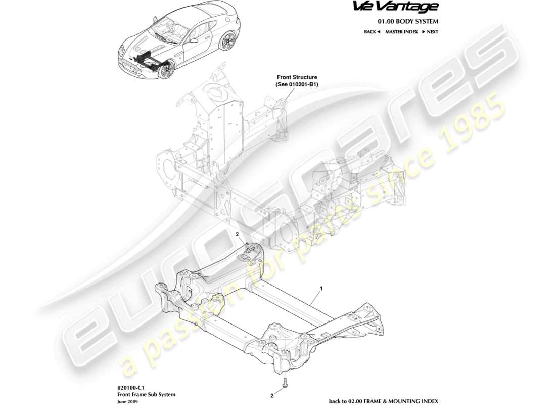 aston martin v12 vantage (2010) diagrama de piezas del subchasis delantero