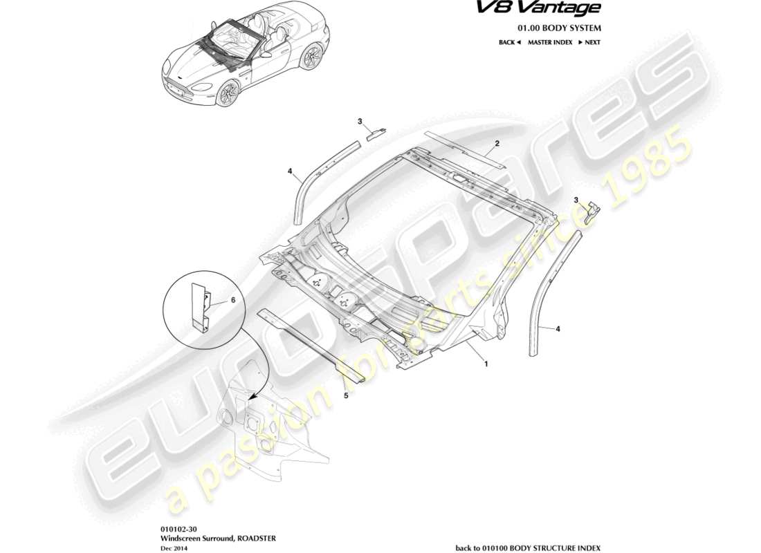 aston martin v8 vantage (2018) diagrama de piezas del tablero y capó del cuerpo, roadster