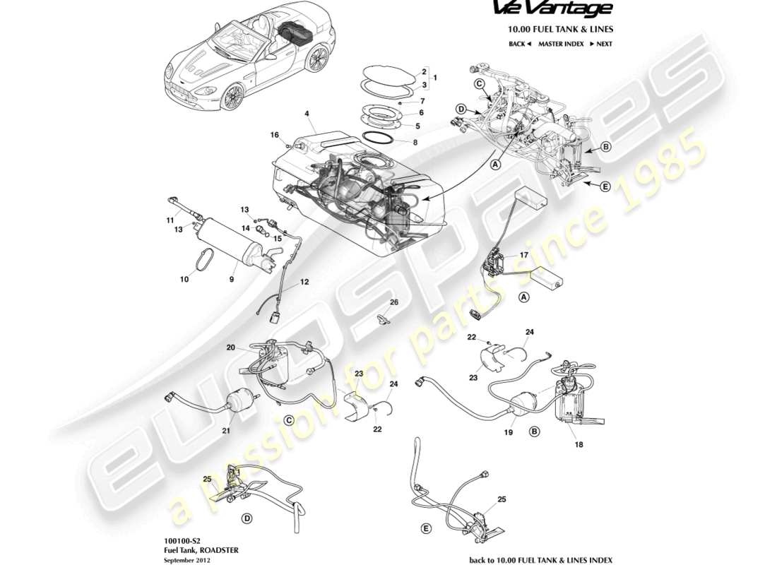 aston martin v12 vantage (2010) conjunto del tanque de combustible, diagrama de piezas del roadster