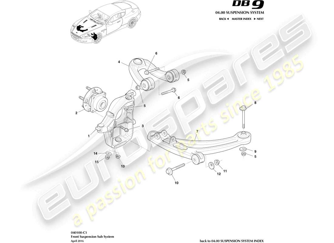 aston martin db9 (2005) diagrama de piezas del conjunto de suspensión delantera