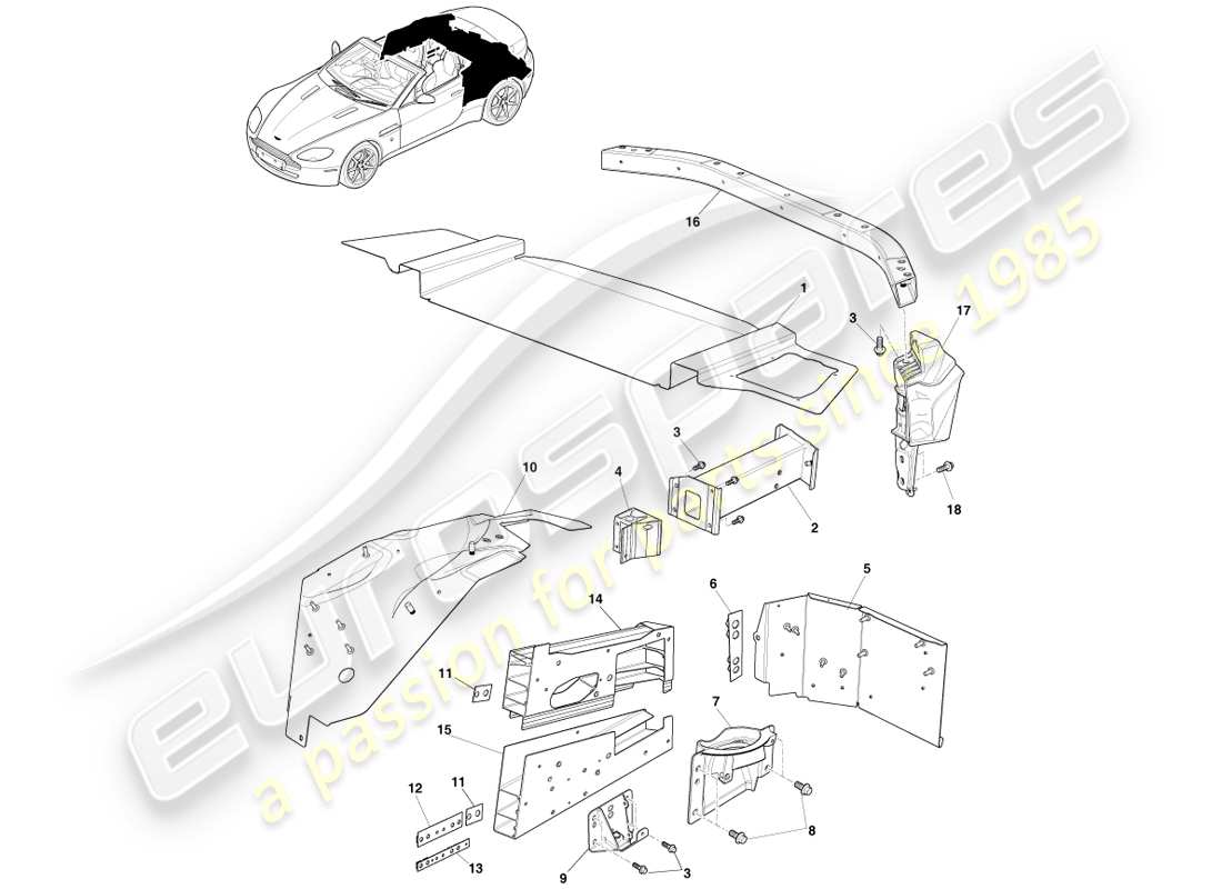 aston martin v8 vantage (2005) parte trasera de la carrocería, diagrama de piezas del roadster