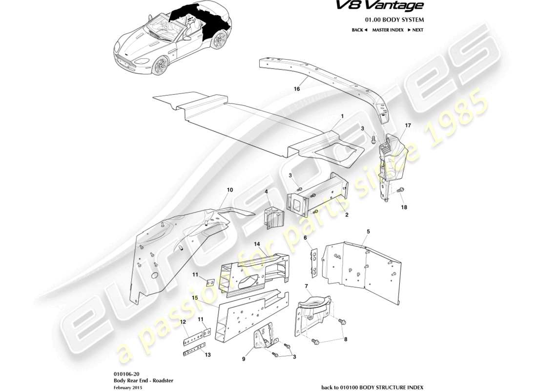 aston martin v8 vantage (2013) parte trasera de la carrocería, diagrama de piezas del roadster