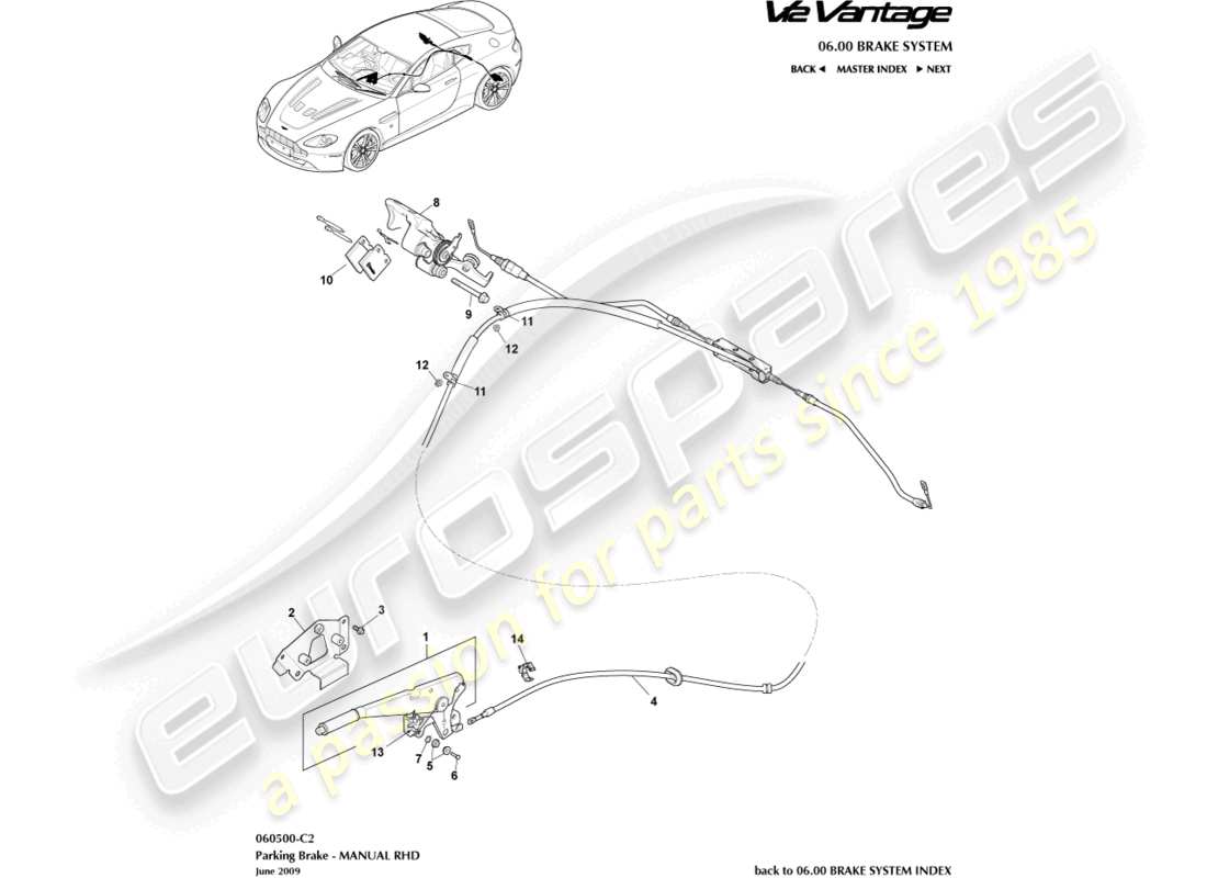 aston martin v12 vantage (2012) freno de estacionamiento, diagrama de piezas a la derecha