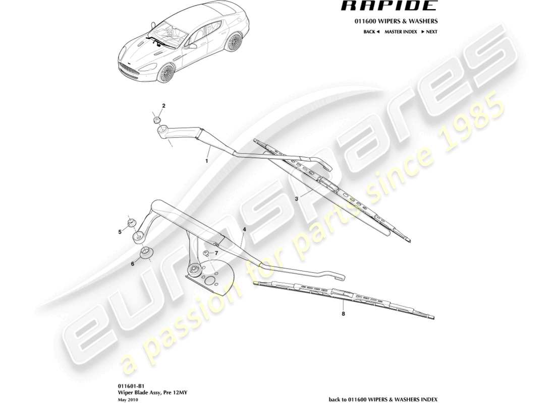 aston martin rapide (2016) conjunto de escobilla de limpiaparabrisas diagrama de piezas