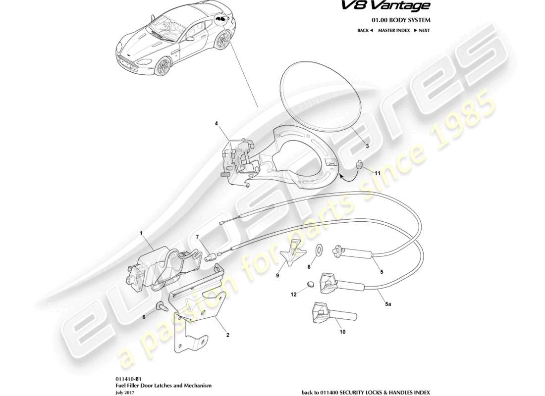 aston martin v8 vantage (2018) mecanismo de llenado de combustible, diagrama de piezas del cupé