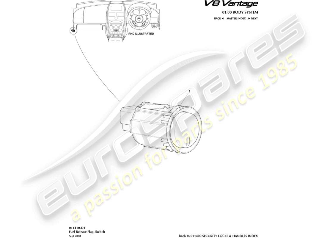 aston martin v8 vantage (2018) diagrama de piezas del interruptor de liberación del llenado de combustible