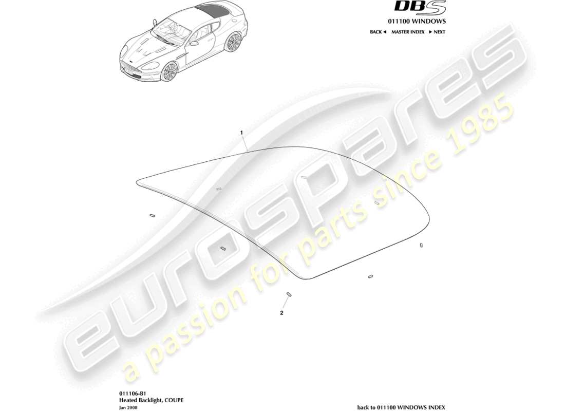 aston martin dbs (2010) diagrama de piezas del parabrisas trasero