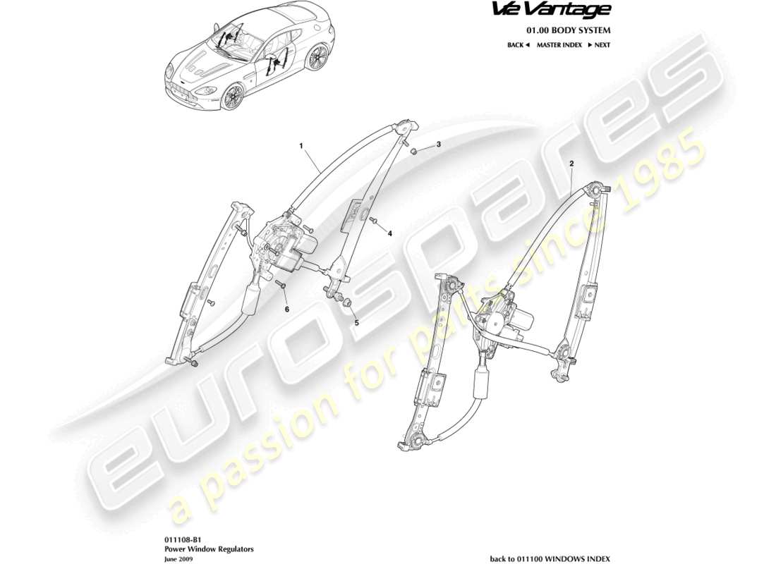 aston martin v12 vantage (2011) diagrama de piezas de los reguladores de ventanas de puertas