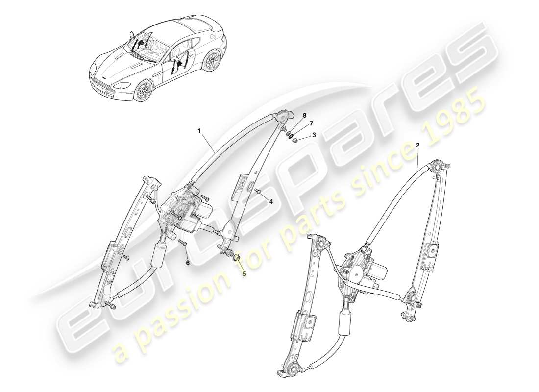 aston martin v8 vantage (2005) diagrama de piezas de los reguladores de ventanas de puertas