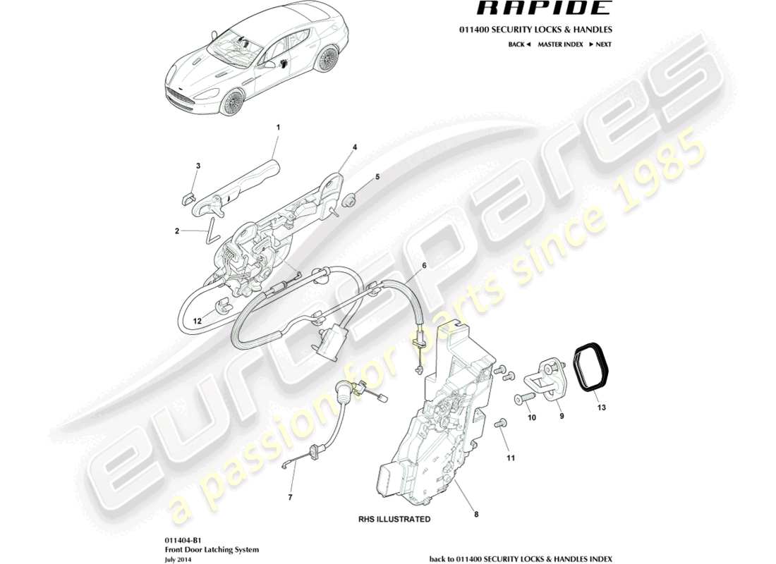 aston martin rapide (2013) pestillo de la puerta delantera diagrama de piezas