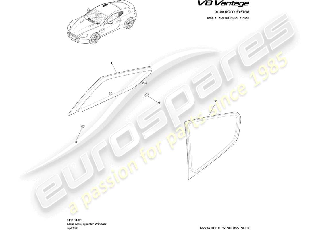 aston martin v8 vantage (2006) vidrio del cuarto trasero, diagrama de piezas del cupé