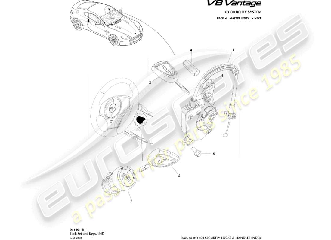 aston martin v8 vantage (2006) juego de cerradura y llaves, diagrama de piezas lhd