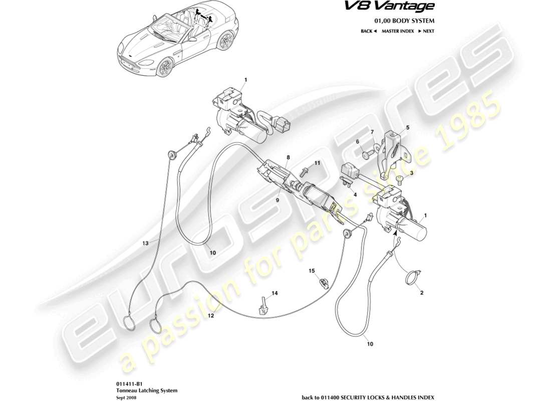 aston martin v8 vantage (2006) diagrama de piezas del sistema de cierre tonneau