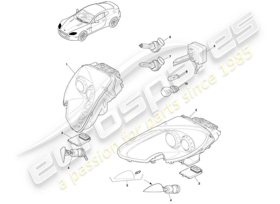 aston martin v8 vantage (2005) diagrama de piezas de faros