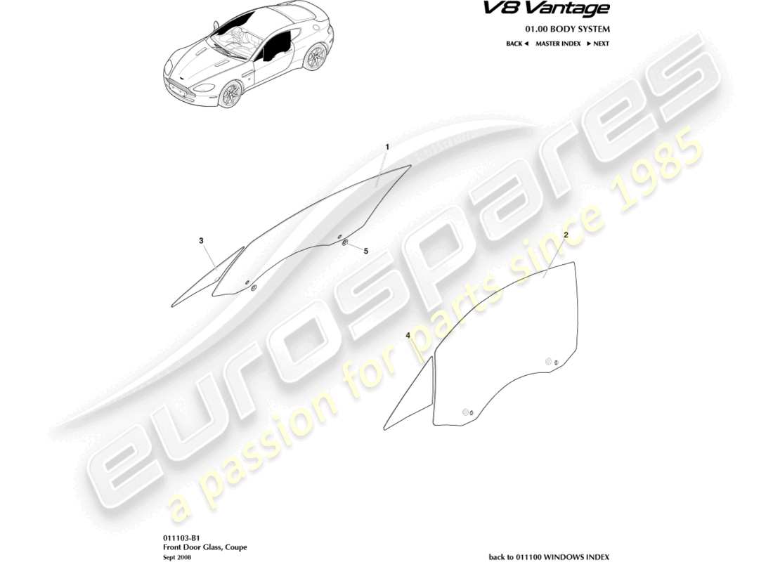 aston martin v8 vantage (2006) vidrio de puerta, diagrama de piezas del cupé