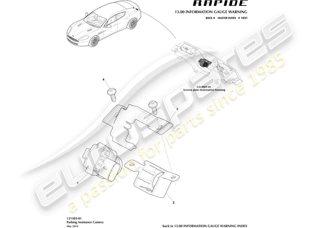 aston martin rapide (2013) diagrama de piezas de la cámara de ayuda al estacionamiento