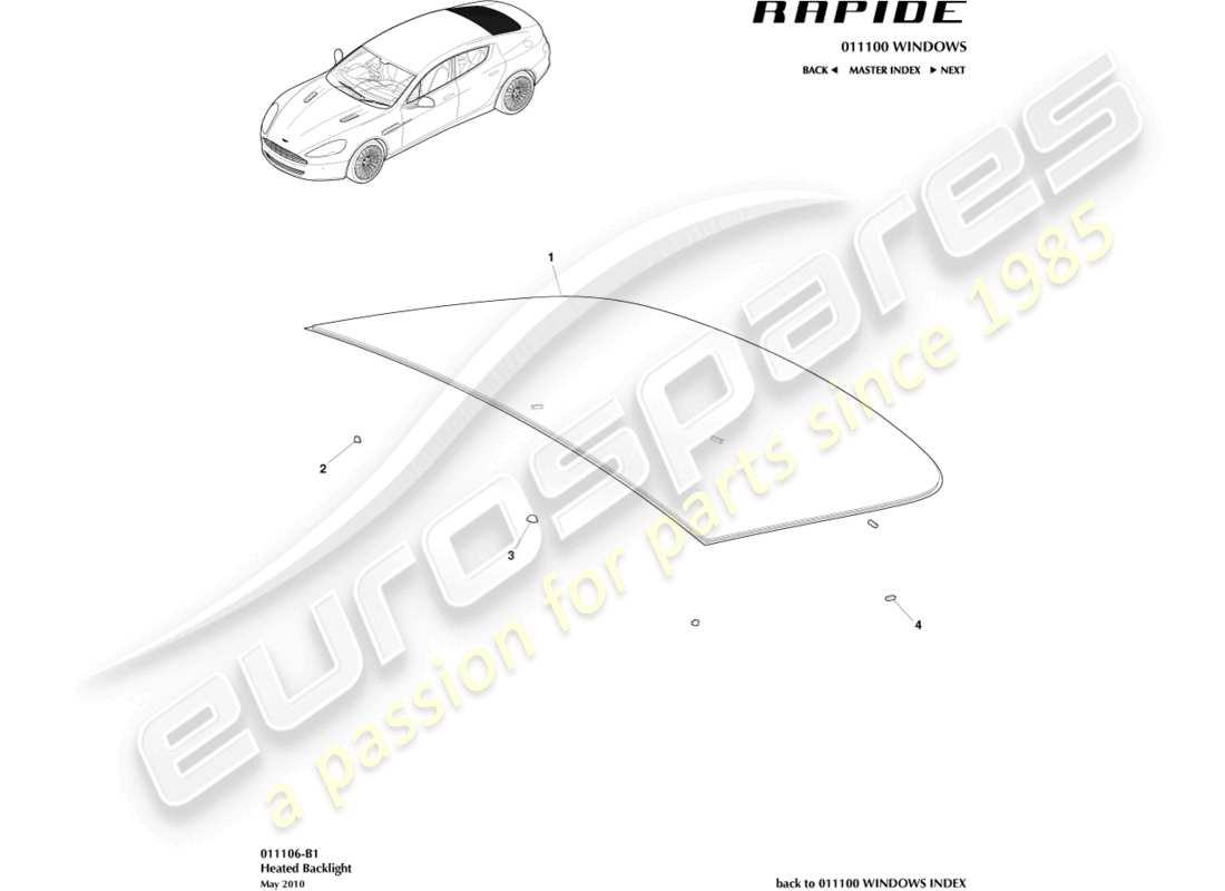 aston martin rapide (2011) parabrisas trasero diagrama de piezas
