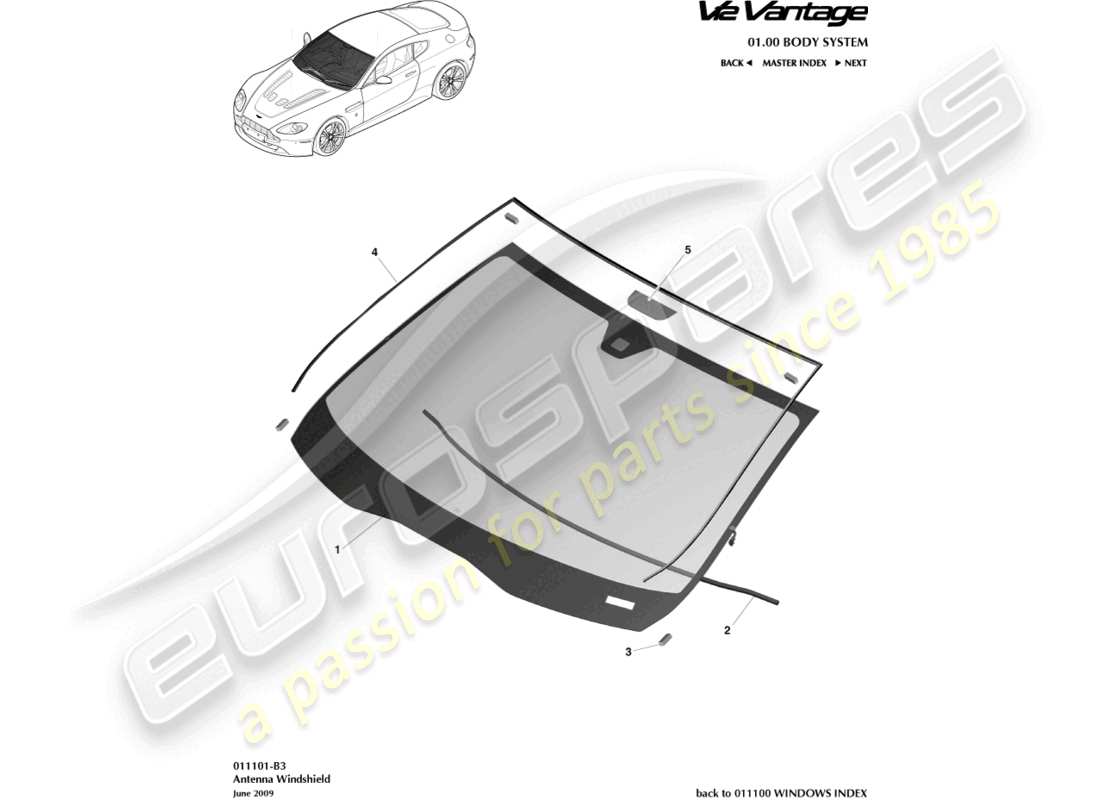 aston martin v12 vantage (2013) diagrama de piezas del parabrisas